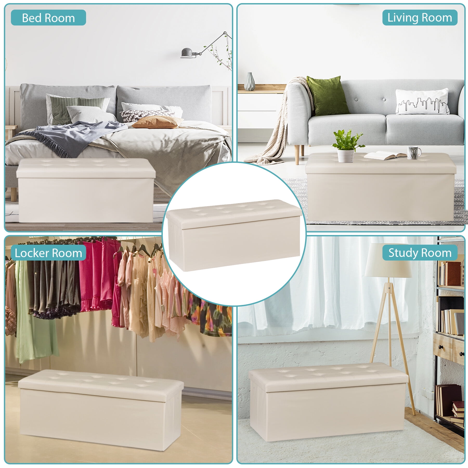ZENY 43 Inch Folding Storage Ottoman Bench, Storage Chest, Footrest, Stool Bench for Living Room Bedroom Entryway, Holds up to 660 lb, Beige