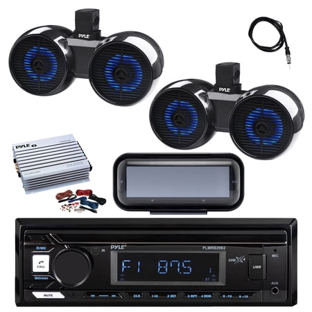 Pyle PLMRB29B2 Single DIN Marine Bluetooth MP3 Player Stereo Receiver Cover 2x 6.5 200 Watt 2-Way Bluetooth Built in LED Off-Road Dual Tower Speakers Amplifier w/Kit Radio Antenna