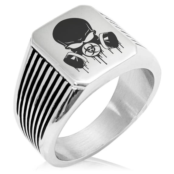 Stainless Steel Biohazard Skull Gas Mask Needle Stripe Pattern Biker Style Polished Ring