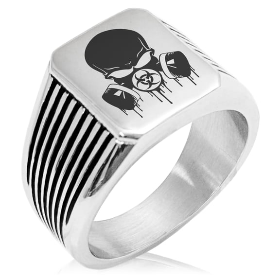 Stainless Steel Biohazard Skull Gas Mask Needle Stripe Pattern Biker Style Polished Ring