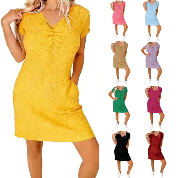 Miluxas Summer Mini Dresses for Women Solid Color Textured Short Dress V Neck Short Sleeve Casual T Shirt Dress with Pockets Yellow