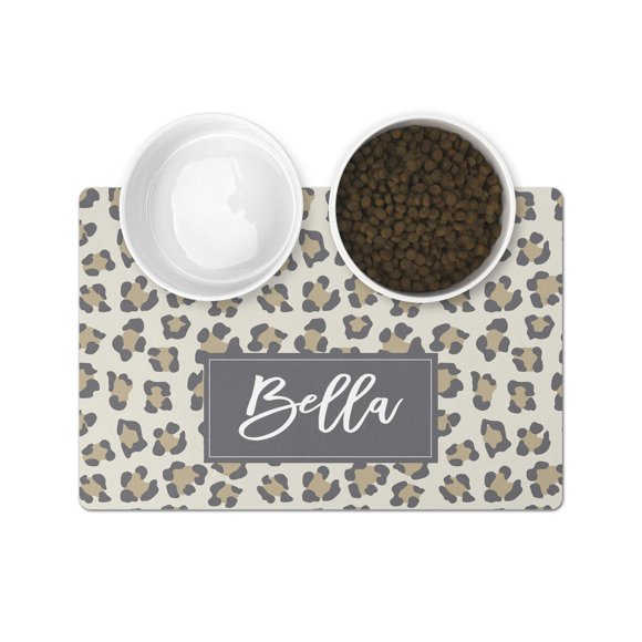 The Navy Knot Personalized Pet Mat - Waterproof & Non-Slip Pet Food Mat with Edges - Cats & Dogs Feeding Mats - Petfood, Water, Dish Bowls Pad - Gifts for Dog & Cat (12x18, Grey Leopard)