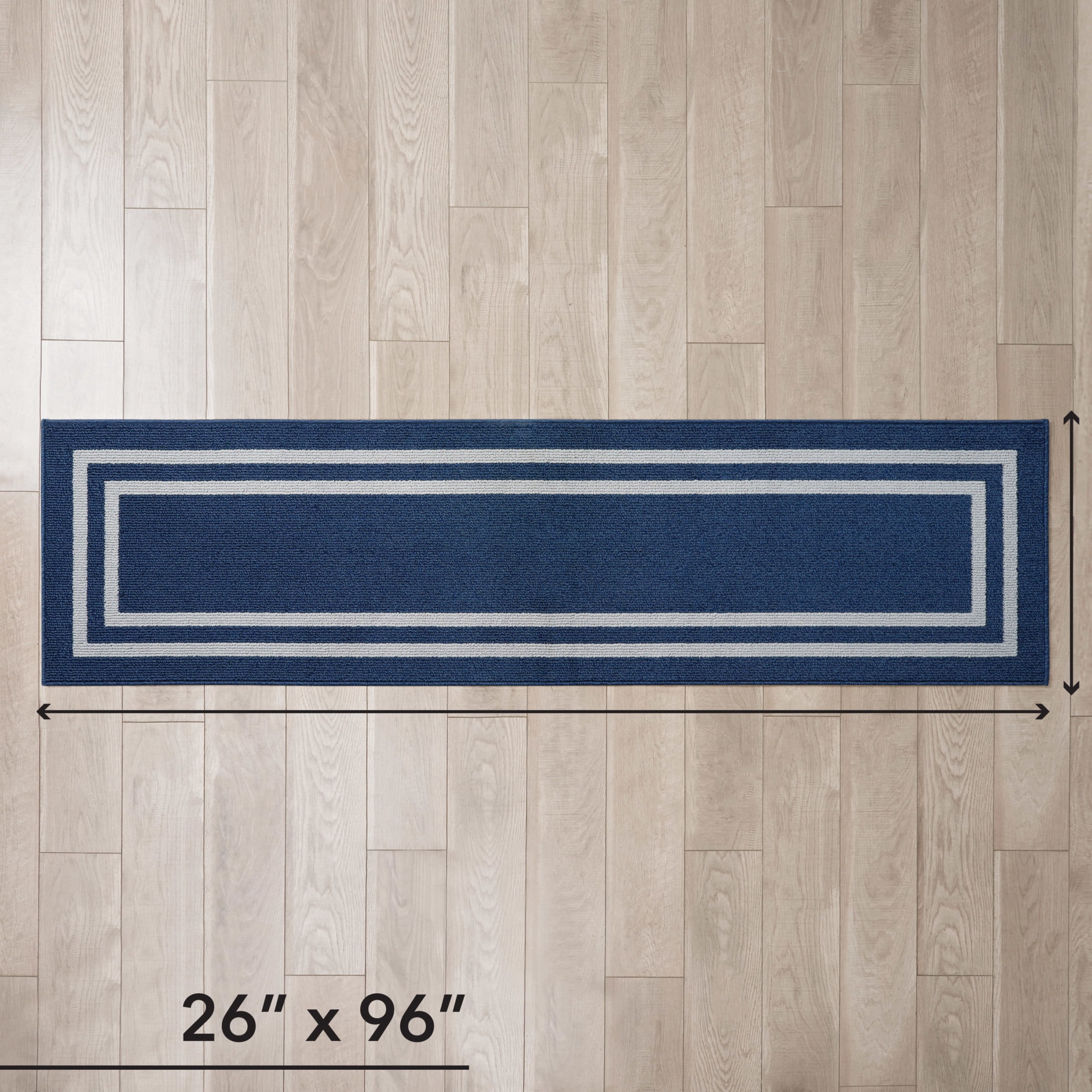 Washable Skid-Resistant Runner Rug, Border, Denim Twist and Light Grey, 26" x 96"
