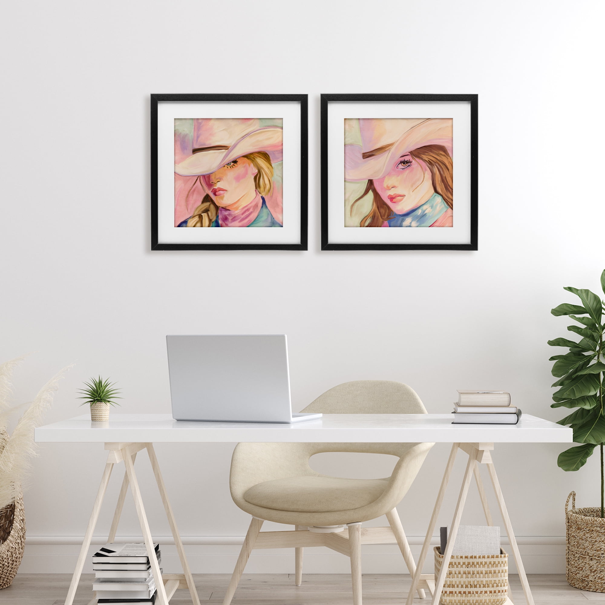 Pastel Cowgirls Gazing 2 Piece Black Framed Print Under Glass Set, design by Kim Allen
