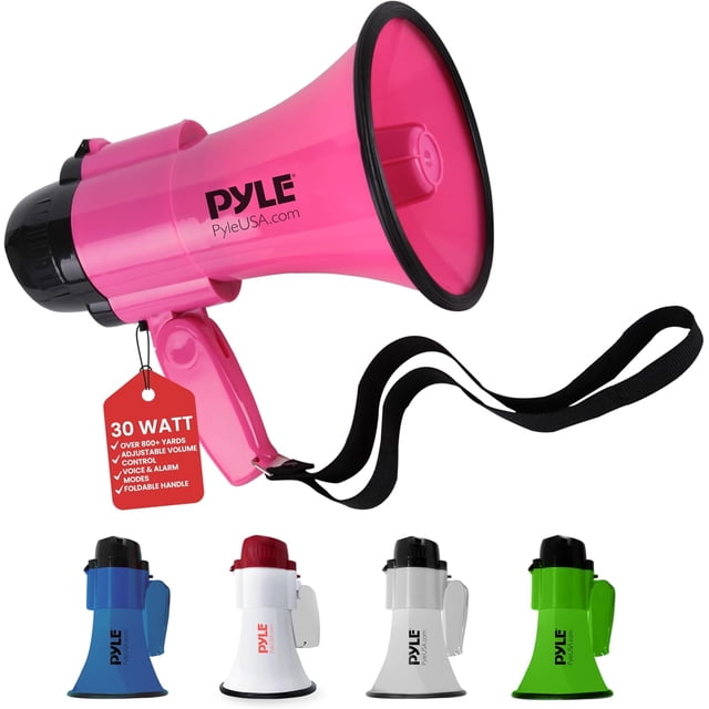 Megáfono Altavoz Ligero 30W Pyle, Bullhorn con Volumen Ajustable, Sirena Incorporada, Alcance de 800 Metros, Ideal para Deportes en el Exterior, Animación y Eventos, Rosa