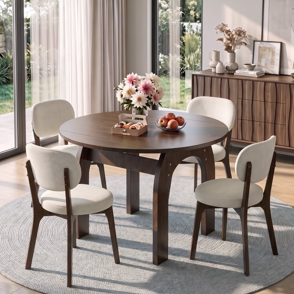 CasaBloom 35"-51" Extendable Round Dining Table Set for 4, Solid Wood Table with Upholstered Chairs Mid Century Modern Kitchen Walnut Dining Room Table and Chairs