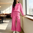 thumbnail image 4 of BRELIL Women Two Piece Lounge Set Round Neck Long Sleeve Pullover Tops Wide Leg Long Pants Matching Solid Casual Loungewear Outfits Travel Vacation Tracksuit, Pink XL, 4 of 6