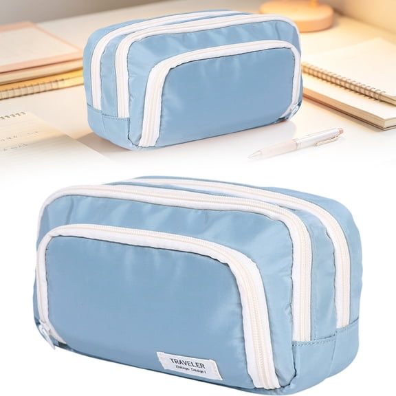Large Capacity Pencil Case 8.26 x 5.11 x 2.75 Inches Light Blue, Multi Compartment Zipper Pen Bag, Korean Style Stationery Organizer for Office Supplies, Travel Cosmetic & Small Accessory Storage