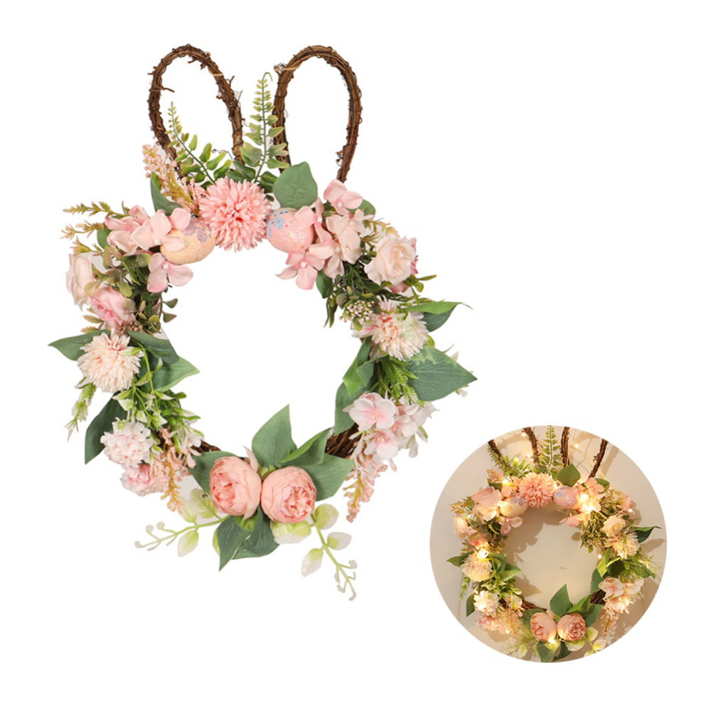 Leaves and Twigs for Hanging Spring Door Home Décor Nisoger Door Wreaths 18 Inch Easter Bunny Ears Wreath with Faux Flower 
