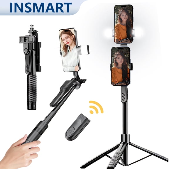 INSMART 85" Phone Tripod, Anti-Shake Extendable Selfie Stick with Wireless Remote & Fill Light, Smartphone & GoPro Mount, Portable Cell Phone Stand for iPhone Android