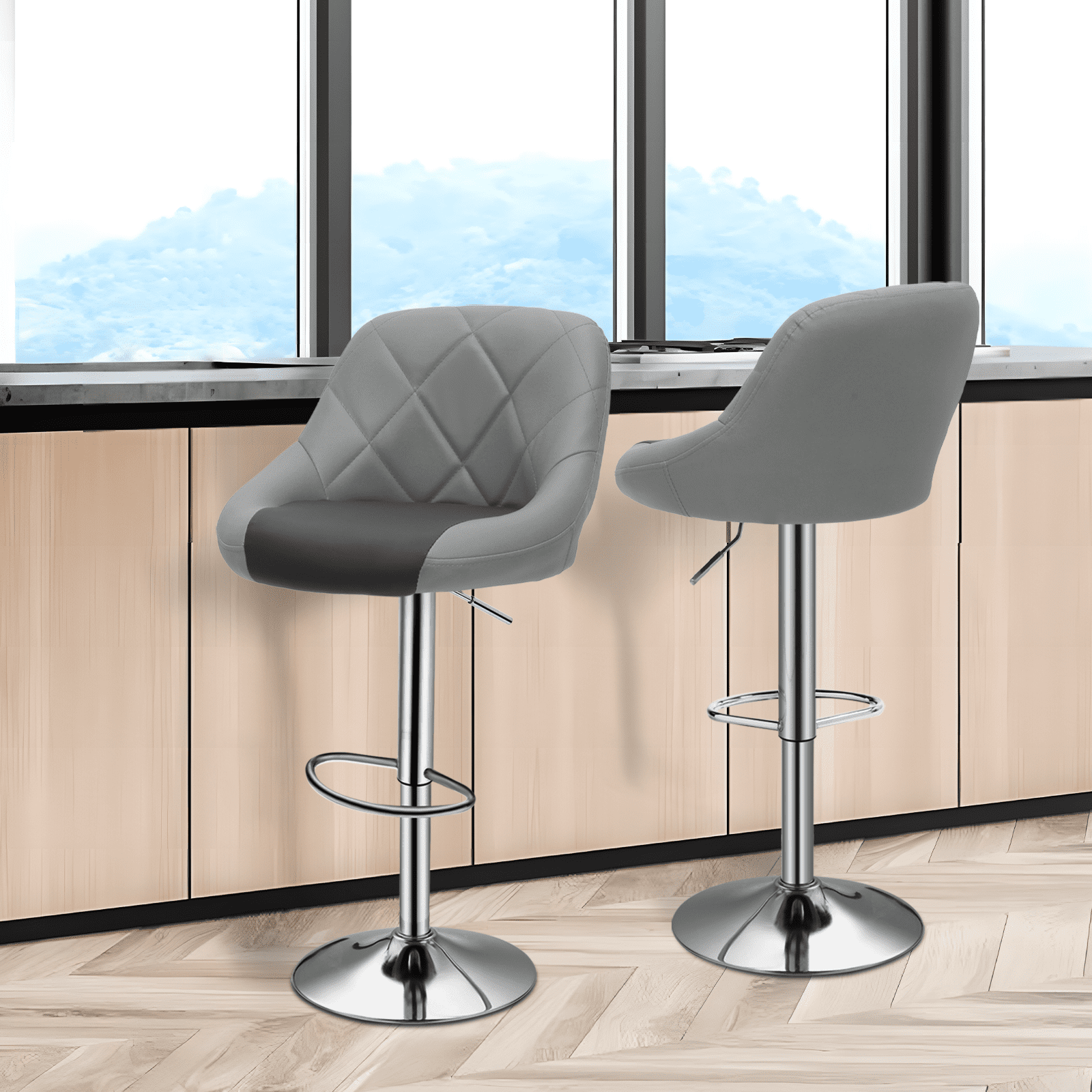 Magshion Swivel Bar Stools Set of 4 Adjustable Bar Chairs with Backrest Faux Leather Kitchen Counter Height Barstools Dining Chairs, Grey/Black