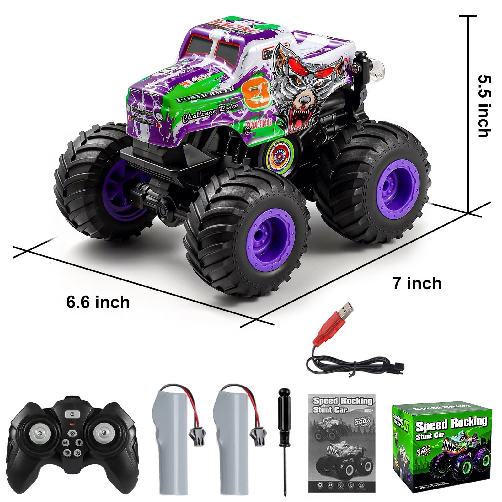 VKFVKF RC Monster Trucks, Remote Control Car with Light & Sound, 360° Rotating RC Stunt Car for Boys