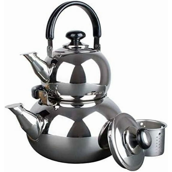 Double Tea Kettle Stainless Steel Teapot 2-Pc Set 3-Ltr   .8-Ltr Pot Samovar Turkish Style