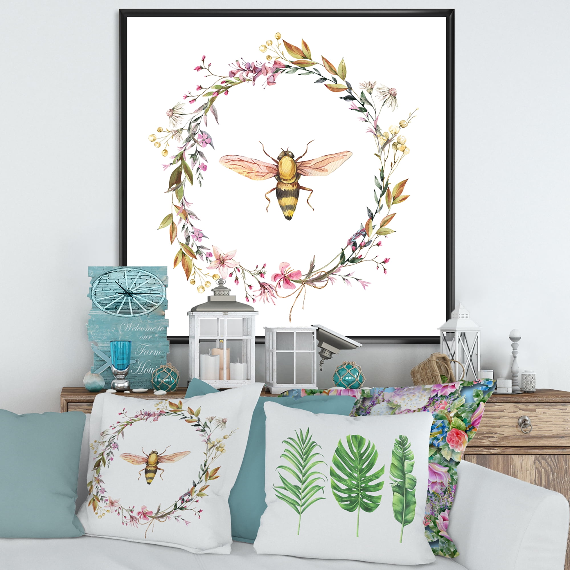 Designart 'Wildflowers Wreath and A Bee' Farmhouse Framed Canvas Wall Art Print