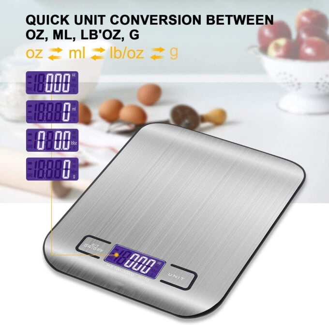 Mllieroo Digital Kitchen Scale Multifunction Food Scale, 11 lb 5 kg,LCD Display, Stainless Steel Silver, Size: 7.1” X5.5” x0.7”