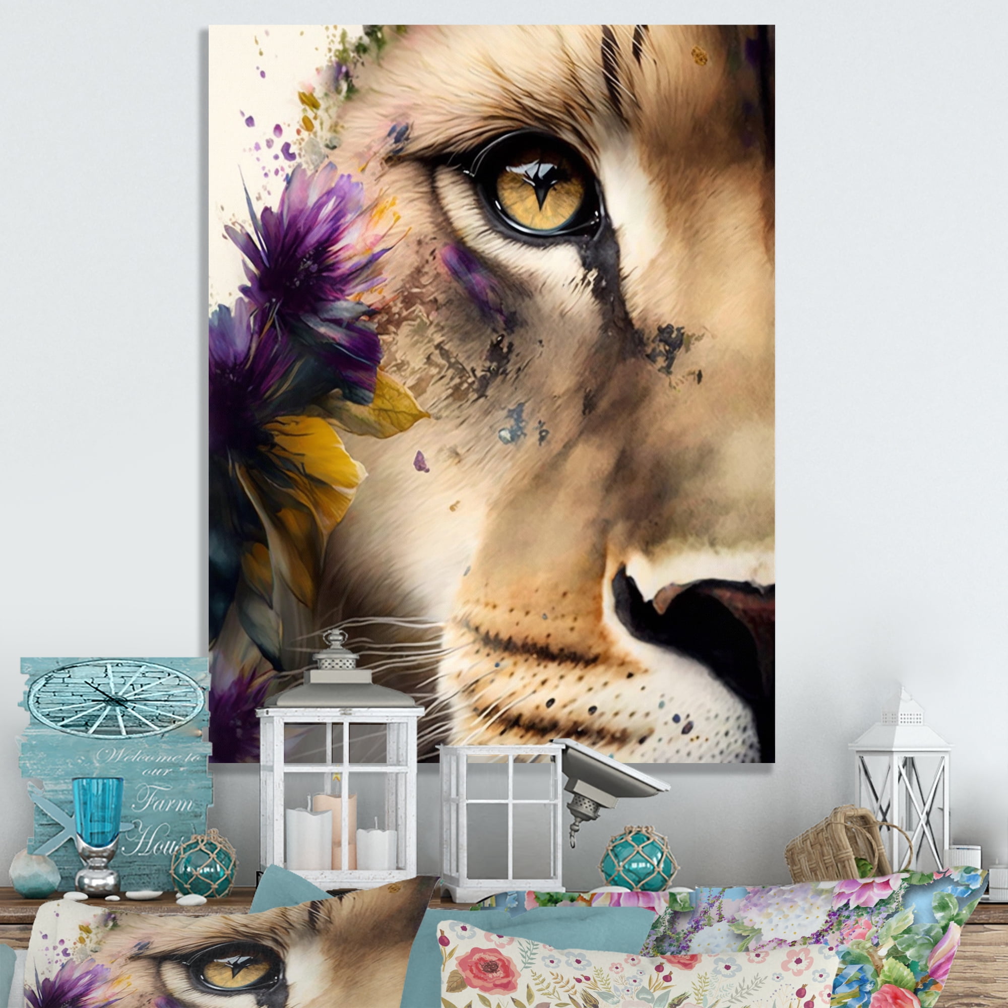 Designart Half Lion Portrait With Flowers Canvas Wall Art