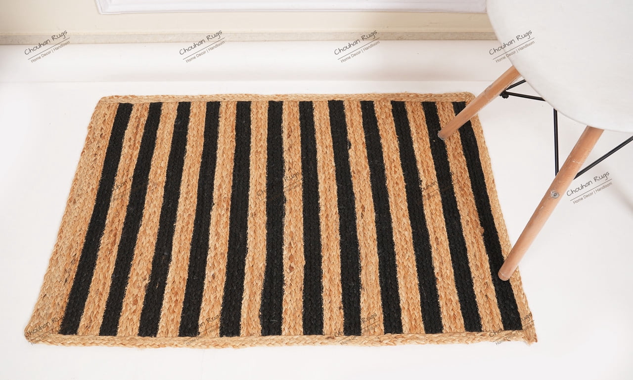 Rectangle Rug Natural Jute Rug Hand Braided Beige And Black Color Area Rug