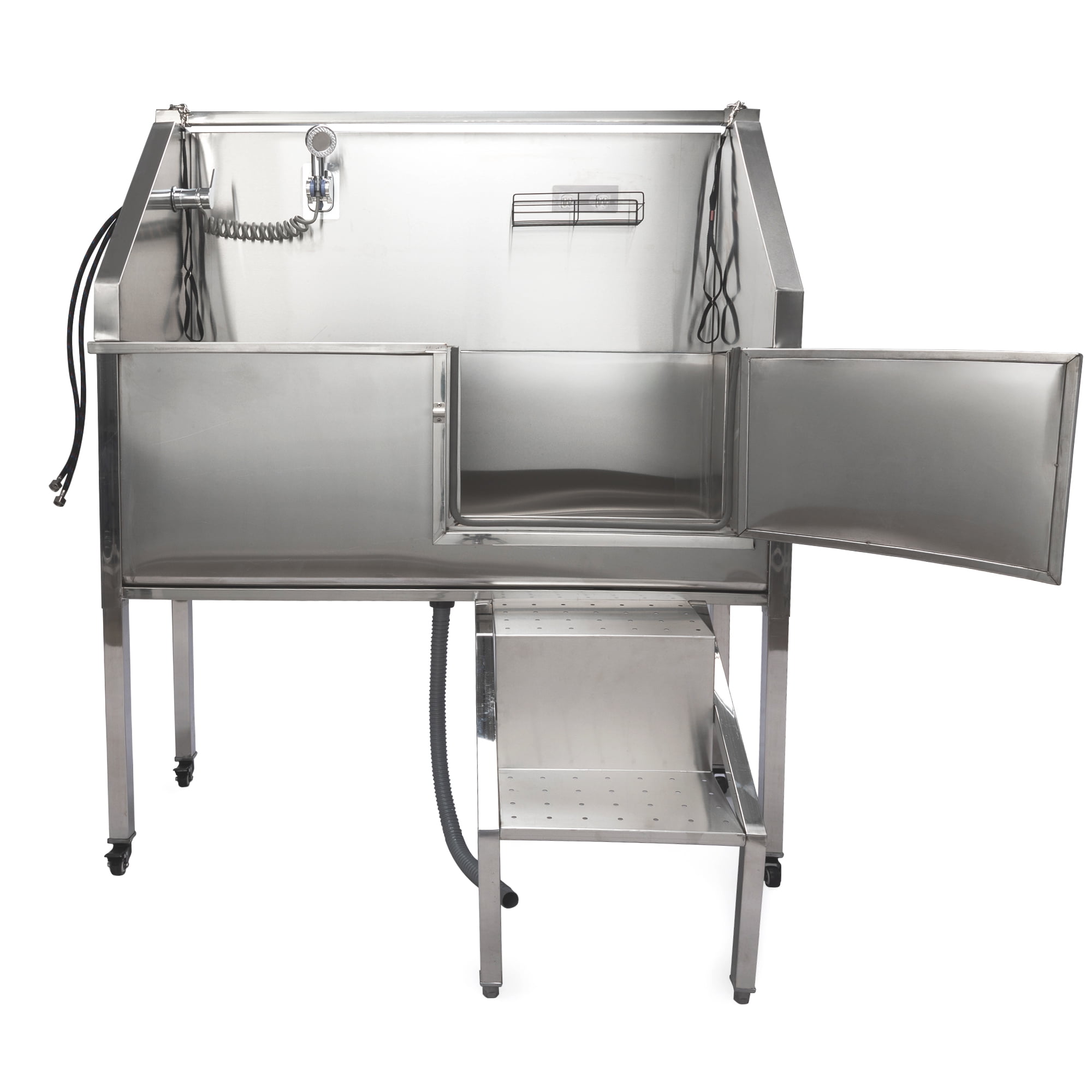 Pefilos 48" Pet Grooming Baths, Dog Bathing Station w/Stairs, Professional Stainless Steel Dog Grooming Tub with Faucet, Dog Bathtub for Large, Medium, Small Pets, Silver