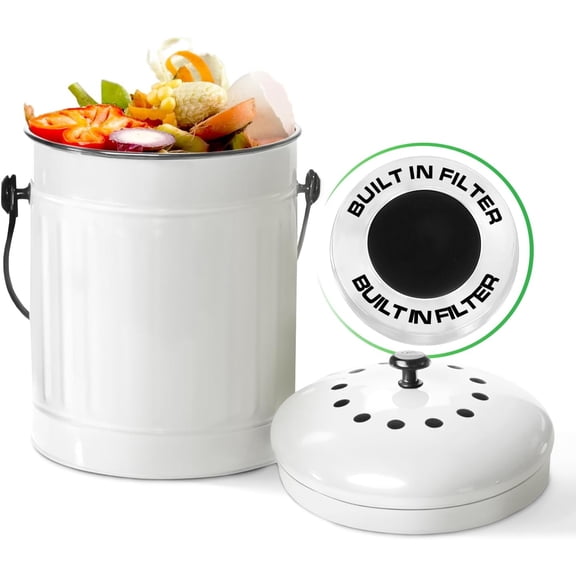 Plexon Countertop Compost Bin with Lid, White 1.5 Gallon Odorless Kitchen Compost Container, Steel Food Compost Bucket for Kitchen with Charcoal Filter, Compost Pail for Kitchen Countertop