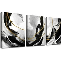 Black and White Abstract Canvas Wall Art Decor Black & White Gold Lines Modern Artwork Paintings Pictures for Bedroom Home Office Wall Decoration 12"x16"x3 Panels