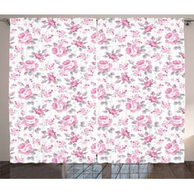 Shabby Chic Curtains 2 Panels Set Pink Roses With Grey Leaves