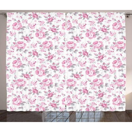 Curtains Bedding Shabby Chic Curtains 2 Panels Set, Pink Roses with Grey Leaves Garden Bedding Plants Spring Blossoms, Window Drapes for Living Room Bedroom, 108W X 96L Inches, Pale Pink White Grey, by Ambesonne ()