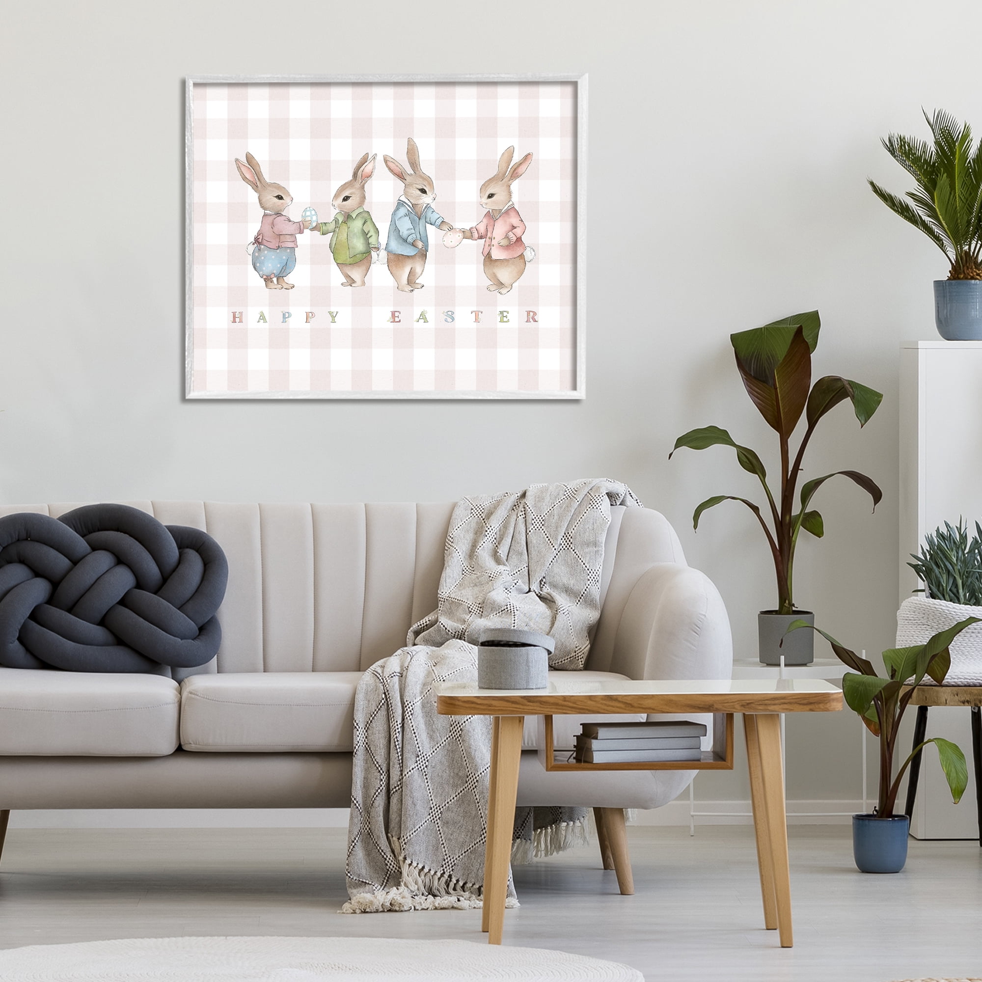 Stupell Industries Easter Bunnies Pink Gingham White Framed Giclee Art, design by Leah Straatsma