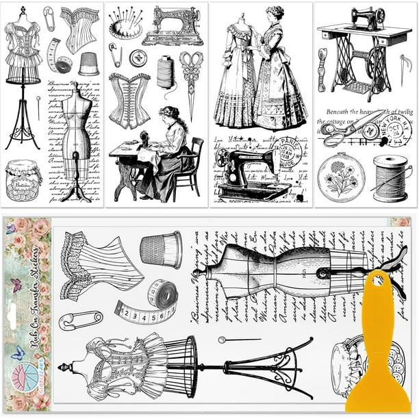 4 láminas de pegatinas vintage para máquinas de coser y muebles (15 x 30 cm). Adhesivos UV para transferencia, decoración de pared y manualidades.