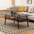 thumbnail image 2 of Rectangle Coffee Table, Tempered Glass Tea Table with Black Metal Legs, Modern 2 Tier Table for Living Room Apartment Office, Gray Glass, 2 of 9