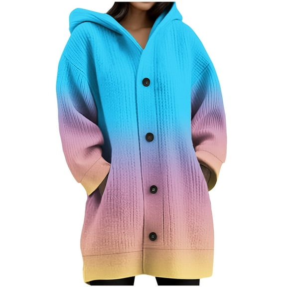 cocolona Womens Long Sleeve Button Oversized Knitted Cardigan Sweaters Fashion Causal Gradient Color Hooded Jacket Tops Winter Coats for Women