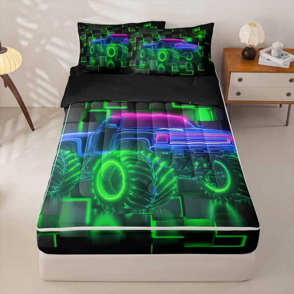 Manfei Green Monster Truck Zipper Twin Comforter Sets with Fitted Sheet and 2 Pillowcases,Patchwork Geometric Plaid Zipper Bedding Set,Black Reversible,4pcs