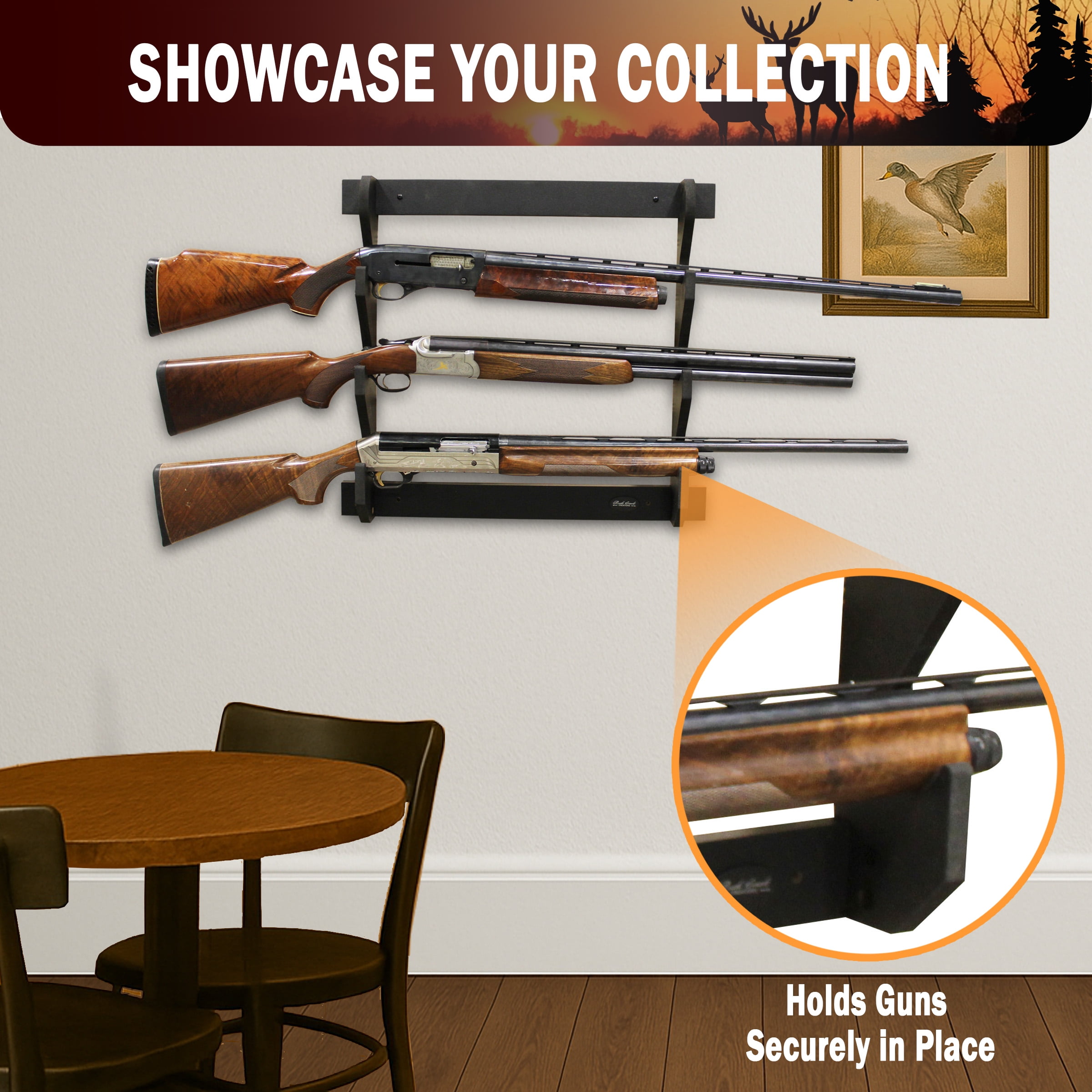 Rush Creek Creations Wall Gun Rack, 3 Gun Capacity, Indoor Storage Display, Black Finish