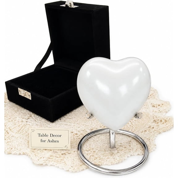 White Heart Keepsake Urn - Mini Heart Cremation Urn for Human Ashes - Black Box with Heart Urn Stand - Honor Your Loved One with Small White Rose Urn Heart Shaped - for Adults