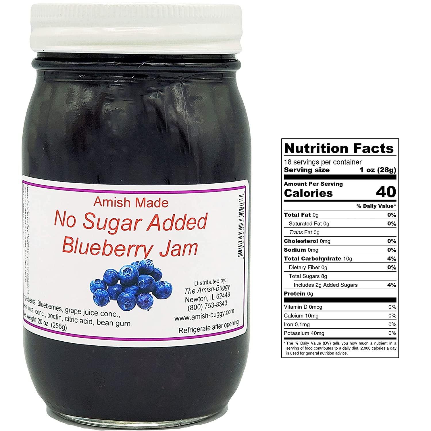 Amish Jam - No Sugar Added - 16 Oz Jar (Blueberry)