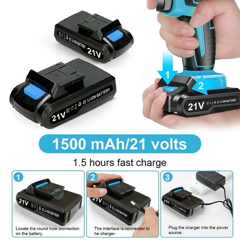 21V Cordless Drill Set, Electric Power Drill 34Pcs with 3/8 Inch Keyless Chuck, 25+3 Clutch Drill with Work Light, Max torque 45Nm, 2-Variable Speed & Battery and Fast Charger