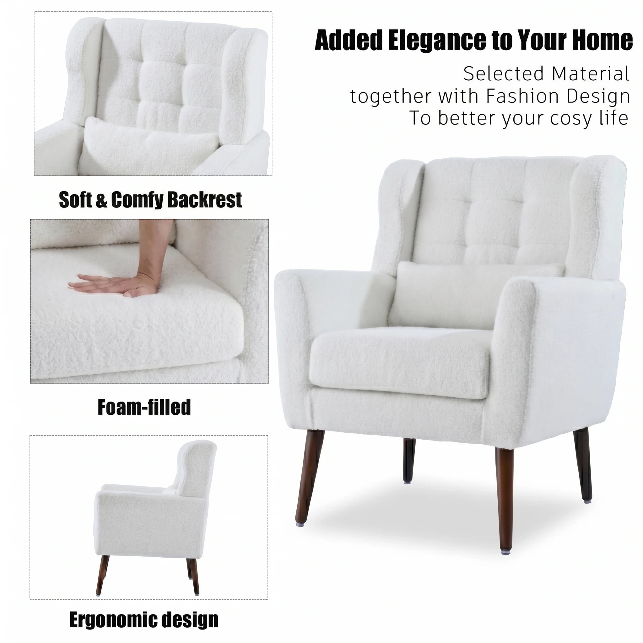 AISWORD Modern Accent Chair, Upholstered Armchair with Pillow, Fabric Single Sofa Chair with Lounge Seat and Wood Legs Accent Chair for Living Room Bedroom Small Spaces, White