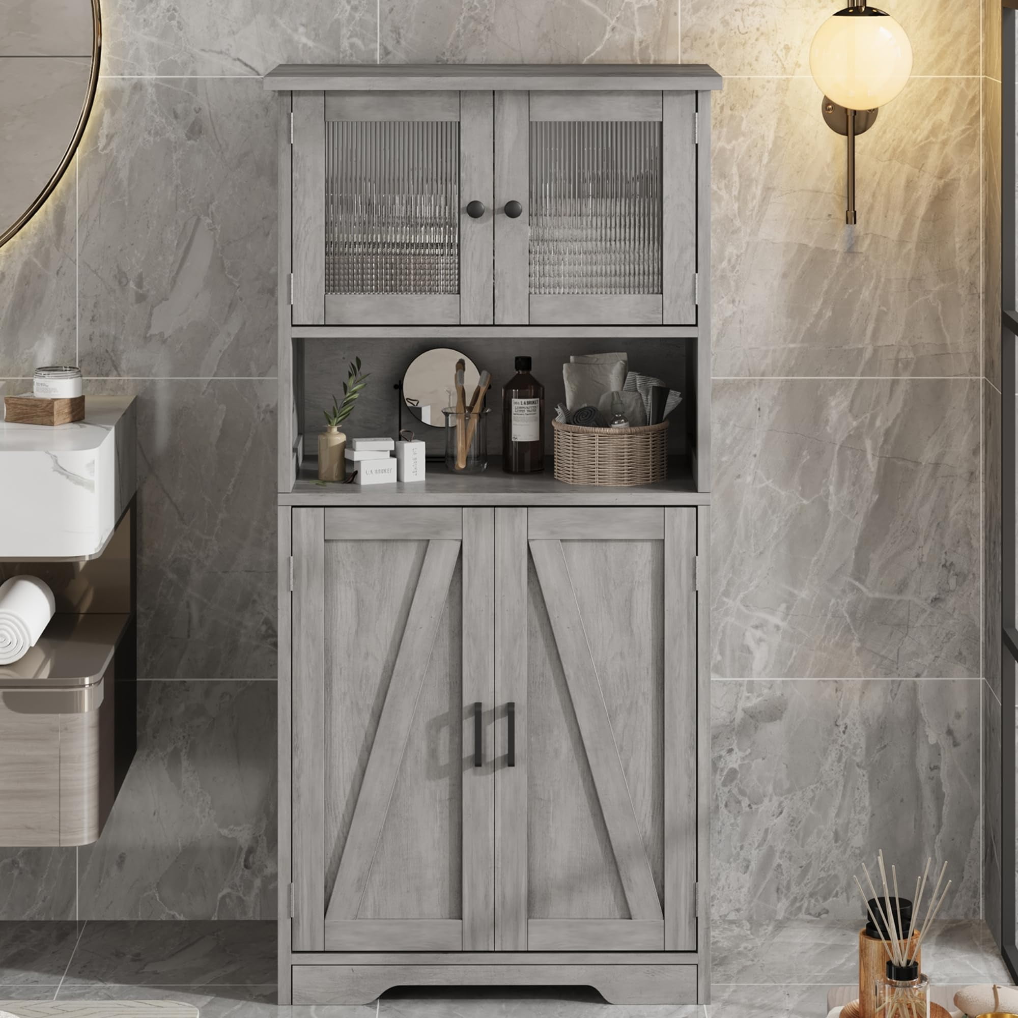 50.4in Tall Bathroom Cabinet, Farmhouse Storage Cabinet with Glass Doors and Adjustable Shelves, Freestanding Kitchen Pantry Cabinets, Cupboard for Living Room, Dining Room