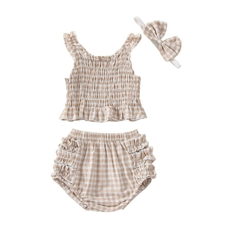 

Suanret 3Pcs Toddler Infant Baby Girls Summer Outfits Plaid Ruched Tank Tops + Frilly Pantie + Hairband Clothes Khaki 12-18 Months