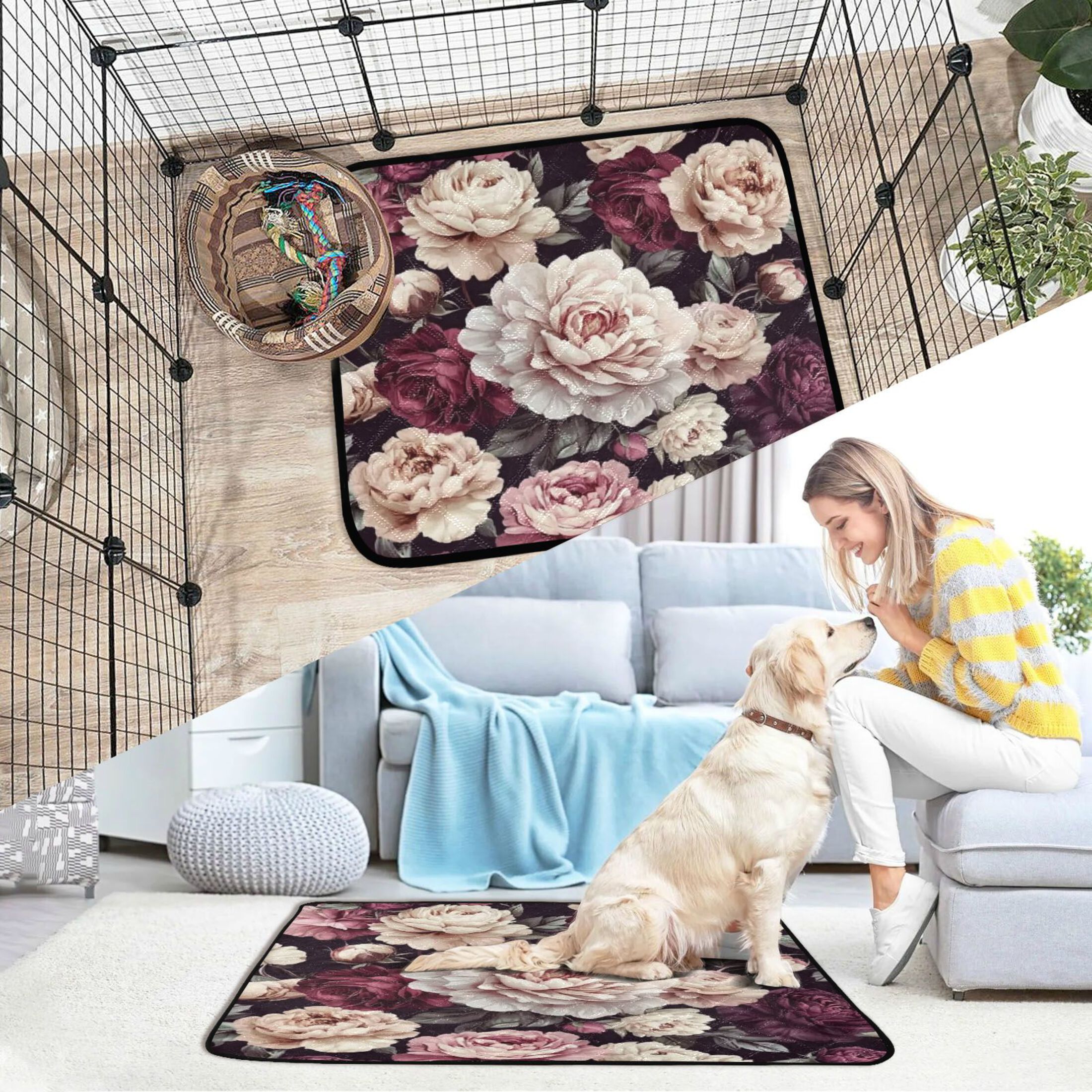 Qxltty Milk White Peony Cat litter Pads Pet Set of 3 Diaper Mats Center Anti-leakage Layer Absorbent Soft and Comfortable