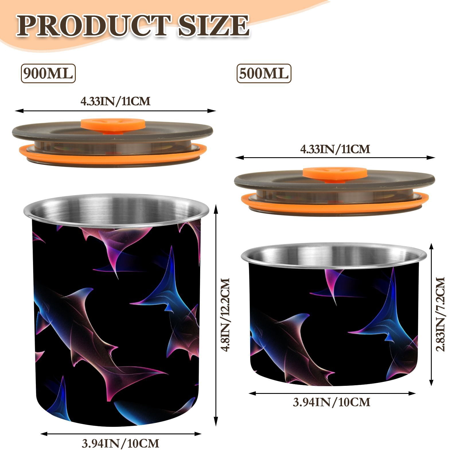 Neon Shark Print Airtight Coffee Bean Canister 30oz Food Storage Containers with Lids For Gournd, Tea, Sugar, Flour, Rice, Cereal, Candy Cookie Jar