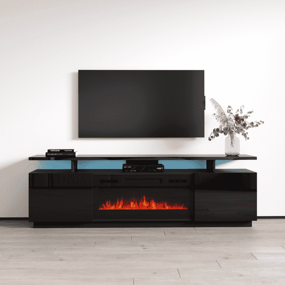 Eva-KBL Fireplace TV Stand for TVs up to 80", Modern High Gloss 71" Entertainment Center, Electric Fireplace TV Media Console with Storage Cabinets and LED Lights