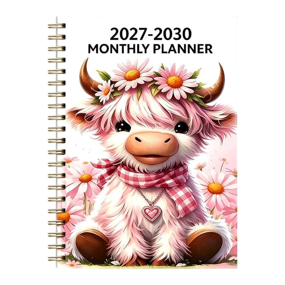 2027-2030 Monthly Planner, 4-Year Calendar with Highland Cow Cover, Spiral Bound Notebook, Spacious Monthly Blocks, Long-Term Goal Organizer for Home, Office, Work, Daily Planning