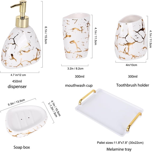6-Piece White Ceramic Bathroom Set - Gold Marble Modern Soap Dispenser, Toothbrush Holder, Tumbler & Tray