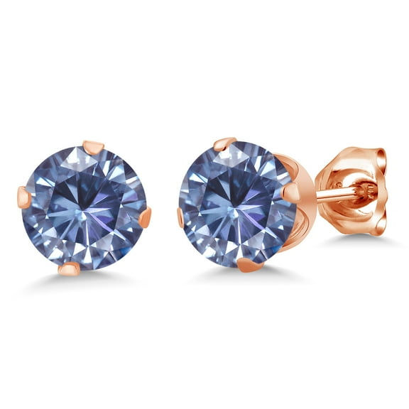 Gem Stone King 18K Rose Gold Plated Silver Stud Earrings for Women Men Persian Blue Round Moissanite (1.60 Cttw)