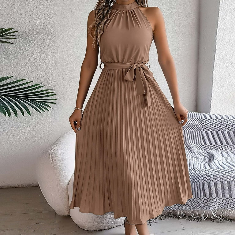 knee length dresses for ladies Lace Ladies Round neck side pleat switching A-line dress