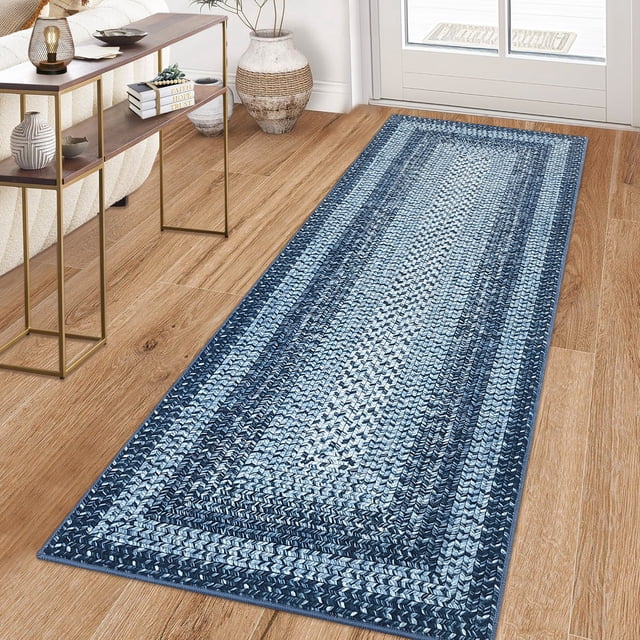 Gaderth 2x6 Braided Print Runner Rug For Living Room, Washable Farmhouse Rug With Non Slip TPR Backing, Low Pile Stain Resistant Carpet For Bedroom Dining Room Nursery Office