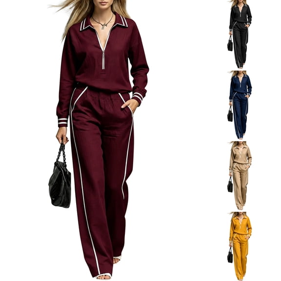 WULMLEO Women 2 Piece Tracksuit Set, Half Zip Polo Collar Long Sleeve Top Striped Trim Elastic Waist Wide Leg Pants With Pockets Casual Matching Outfits Wine 2XL