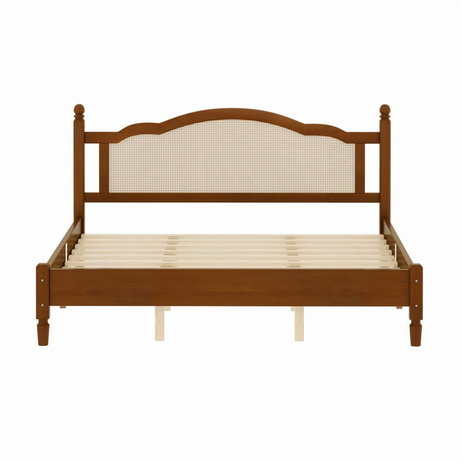 Full/Queen/King Size Platform Bed with Rattan Headboard, Vintage Style Bed Frame with Wooden Slat Support
