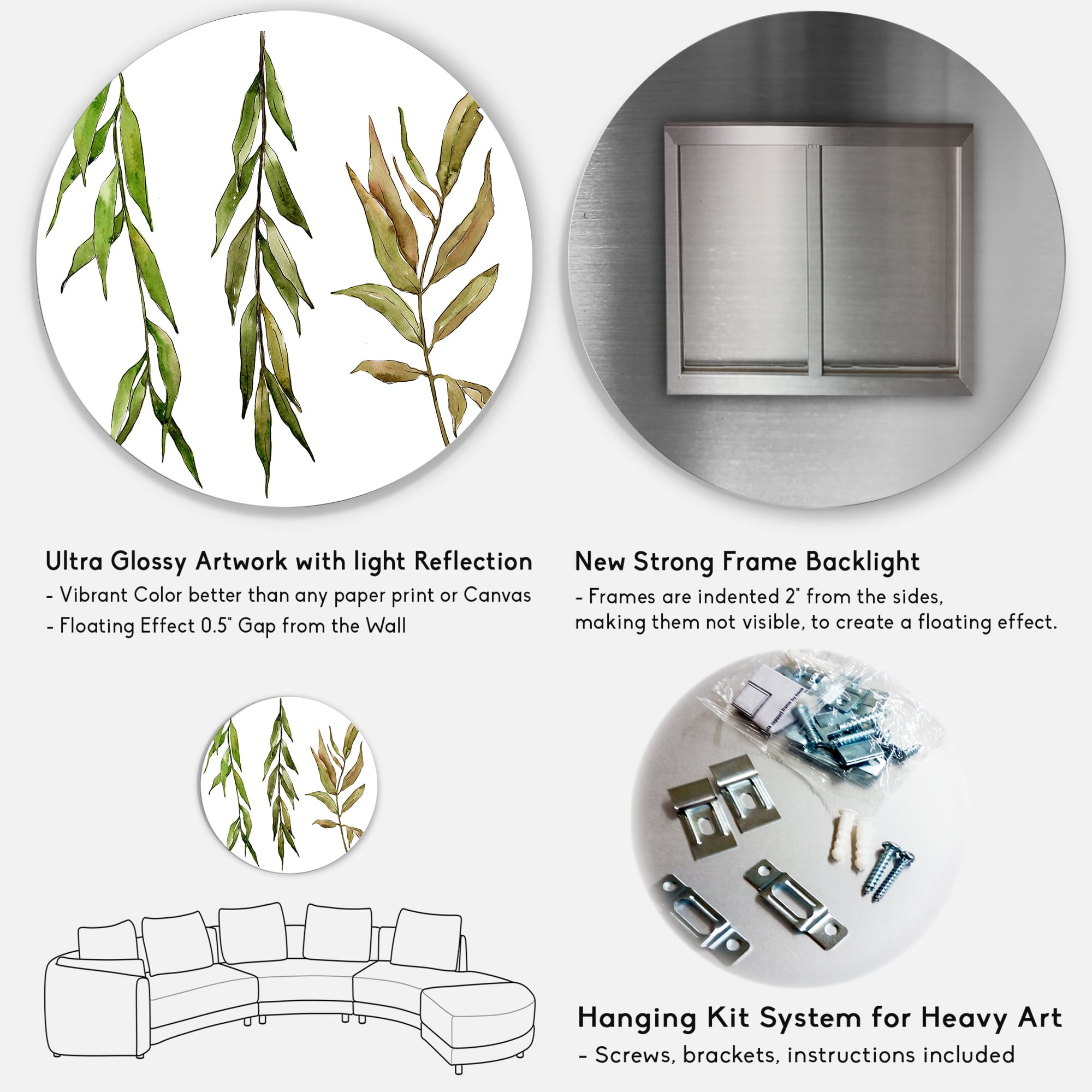 Designart 'Three Willow Branches On White' Farmhouse Circle Metal Wall Art 29x29 - Disc of 29