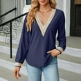 thumbnail image 2 of WREESH Womens Fashion Dressy Tops Solid Color Jacquards V-Neck Lace Long Sleeve Loose T-Shirt Pullover Navy, 2 of 7